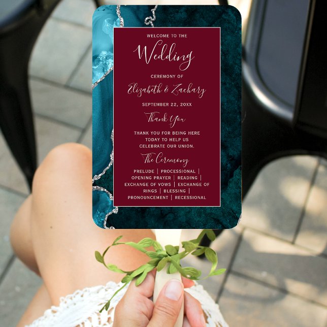 Teal Silver Agate Burgundy Wedding Program Hand Fan (Creator Uploaded)