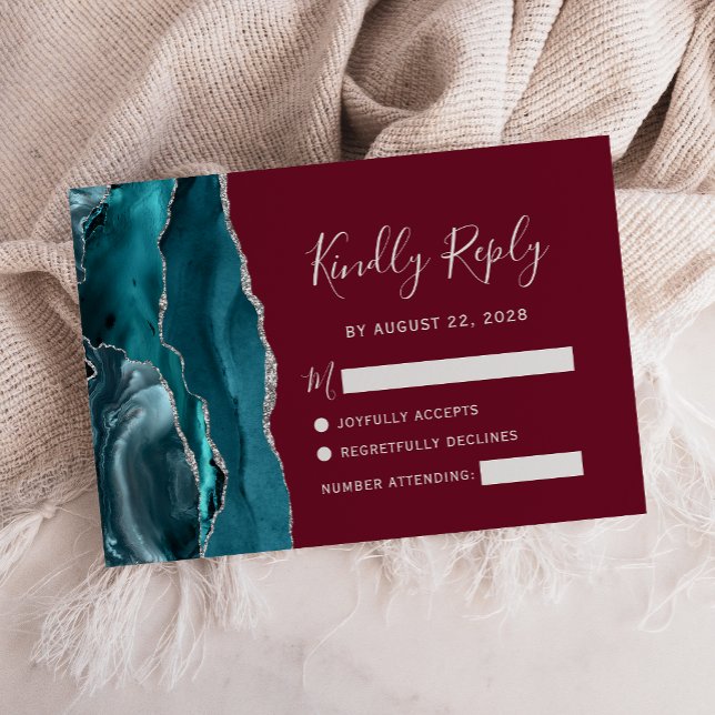 Teal Silver Agate Burgundy Wedding RSVP Card (Creator Uploaded)