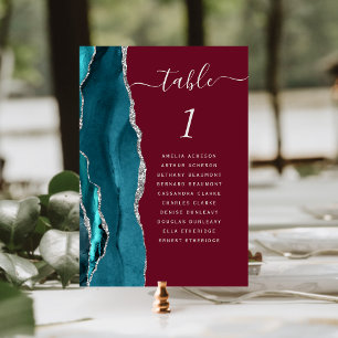Teal Silver Agate Burgundy Wedding Table Number