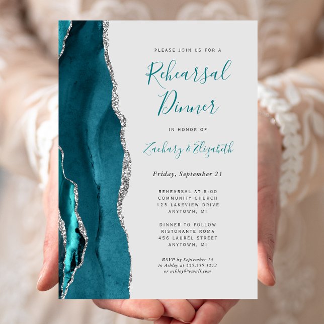 Teal Silver Agate Grey Wedding Rehearsal Dinner Invitation (Creator Uploaded)