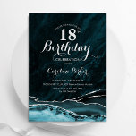 Teal Silver Agate Marble 18th Birthday Invitation<br><div class="desc">Teal and silver agate 18th birthday party invitation. Elegant modern design featuring turquoise watercolor agate marble geode background,  faux glitter silver and typography script font. Trendy invite card perfect for a stylish women's bday celebration. Printed Zazzle invitations or instant download digital printable template.</div>