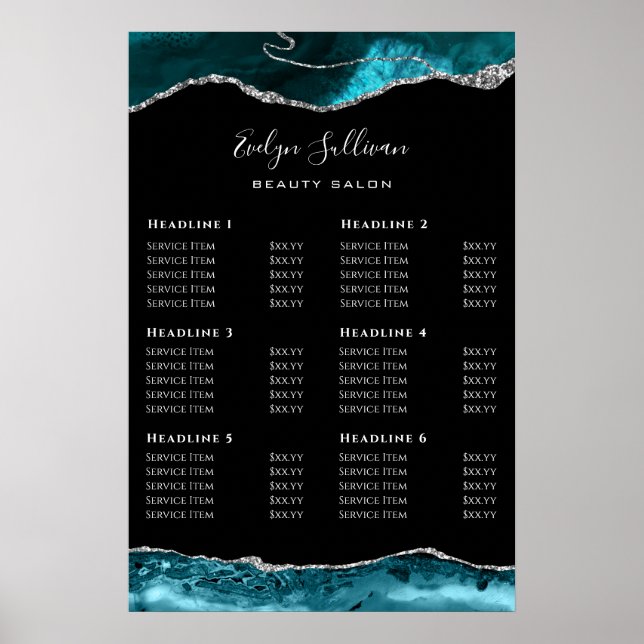 Teal Silver Agate Price List Poster (Front)