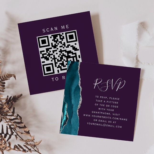 Teal Silver Agate Purp Wedding QR Code RSVP Enclosure Card (Creator Uploaded)
