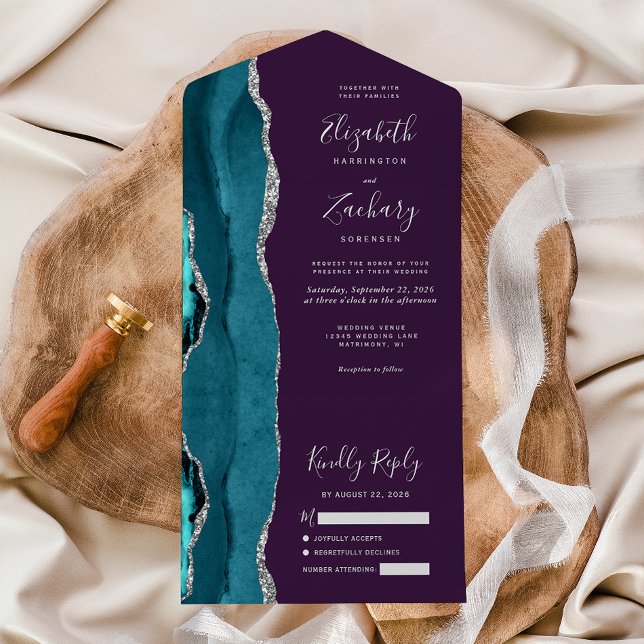Teal Silver Agate Purple Wedding All In One Invitation (Creator Uploaded)