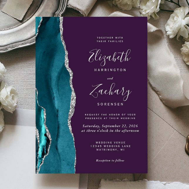 Teal Silver Agate Purple Wedding Invitation (Creator Uploaded)