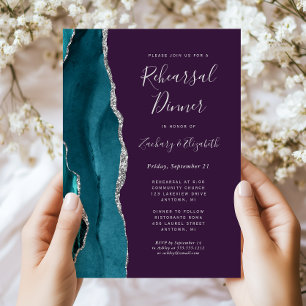Teal Silver Agate Purple Wedding Rehearsal Dinner Invitation