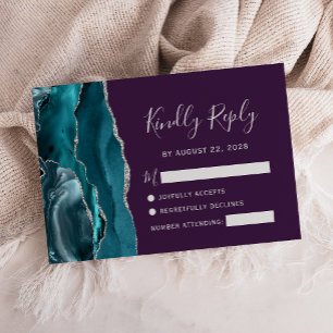 Teal Silver Agate Purple Wedding RSVP Card