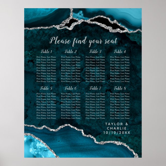 Teal Silver Agate Wedding 8 Tables Seating Chart (Front)