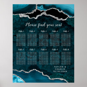 Teal Silver Agate Wedding Seating Chart 10 Table