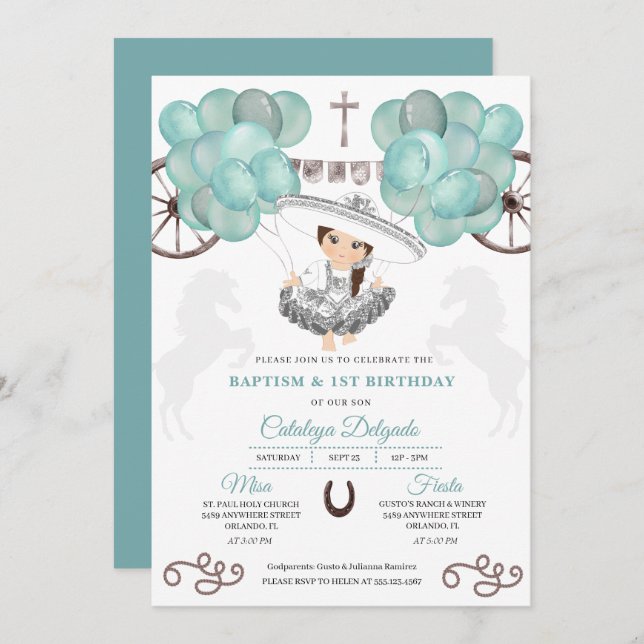 Teal & Silver Balloons Mexican Baby Charra Baptism Invitation (Front/Back)