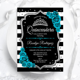 Teal Silver Black Elegant Quinceanera Invitation