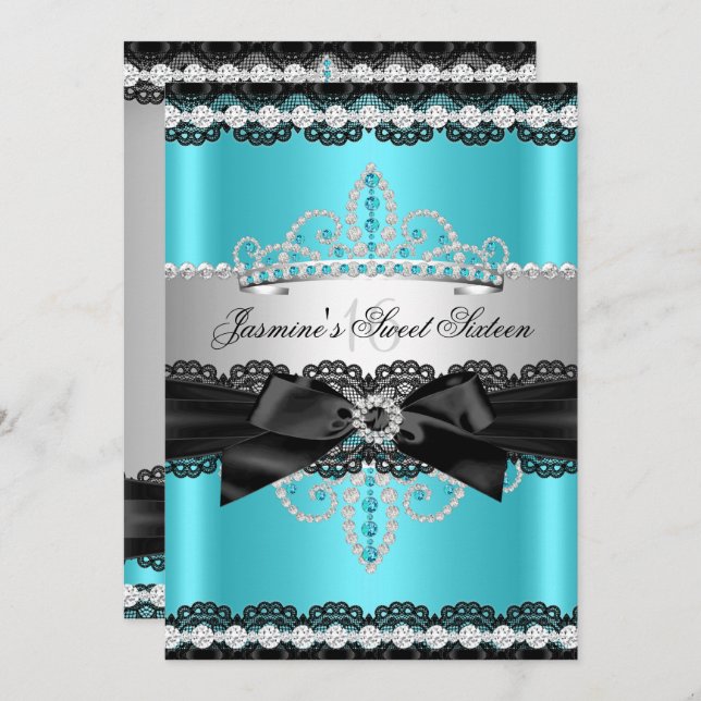 Teal Silver Black Lace Sweet 16 Birthday Party Invitation (Front/Back)