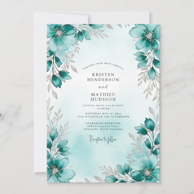 Teal Silver Botanical Winter Wedding Invitation (Front)