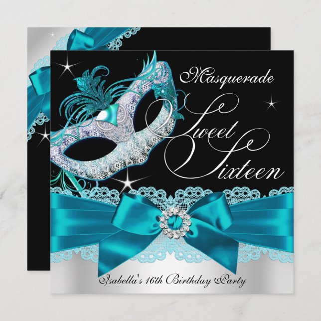 Teal Silver Bow Masquerade Sweet Sixteen Invite (Front/Back)