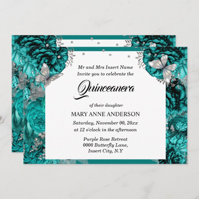 Teal silver butterfly elegant rose quinceanera  invitation (Front/Back)