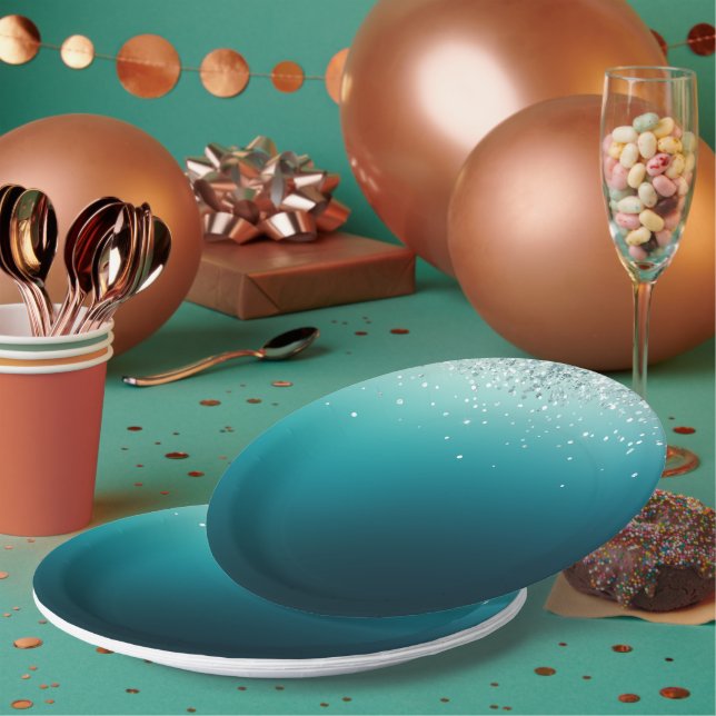 Teal Silver Confetti Paper Plate (Multi)
