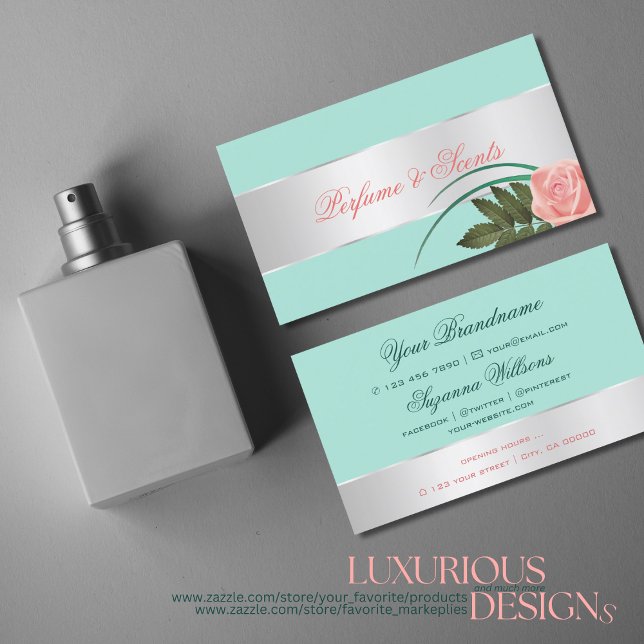 Teal Silver Decor Cute Rose Flower Elegant Floral Business Card (Creator Uploaded)