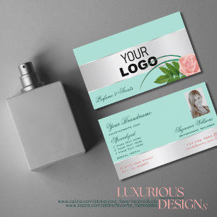 Teal Silver Decor Rose Flower with Logo and Photo Business Card