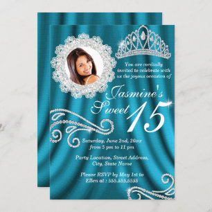 Teal Silver Diamond Tiara Photo Quinceanera Invitation