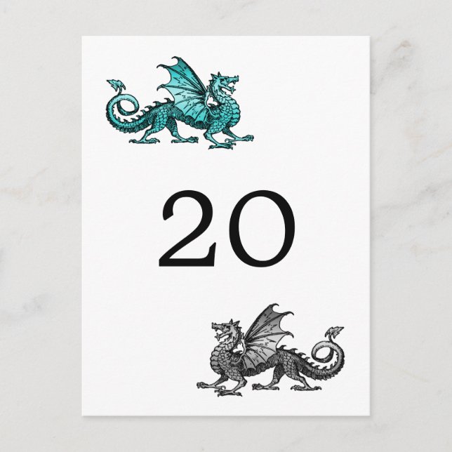 Teal Silver Dragon Table Number Postcard (Front)