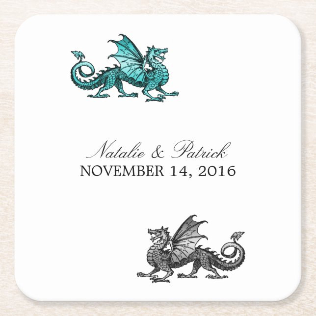 Teal Silver Dragon Wedding Paper Coasters (Front)