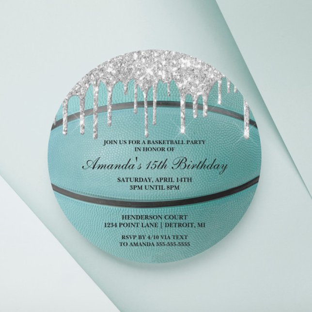 Teal Silver Drip Basketball Invitation (Creator Uploaded)