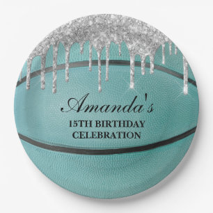 Teal Silver Drip Basketball Paper Plate