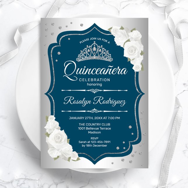 Teal Silver Elegant Quinceanera Invitation (Creator Uploaded)