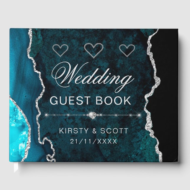 Teal & Silver Faux Glitter Agate Wedding Guest Book (Front)