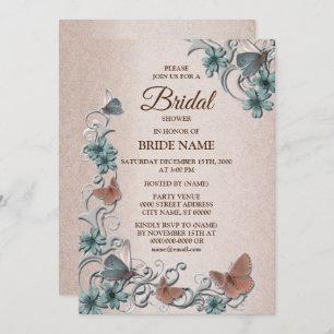 Teal Silver Floral Butterfly Tan Bridal Shower Invitation