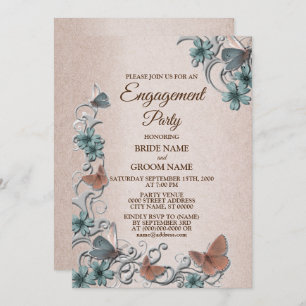 Teal Silver Floral Butterfly Tan Engagement party Invitation
