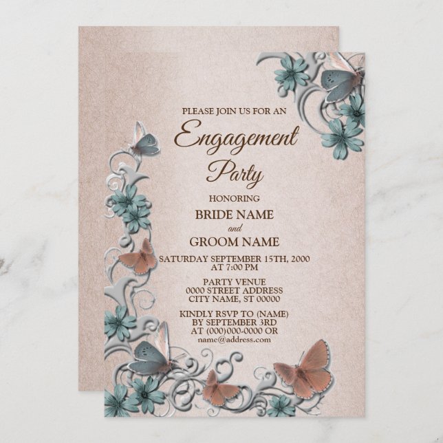 Teal Silver Floral Butterfly Tan Engagement party Invitation (Front/Back)