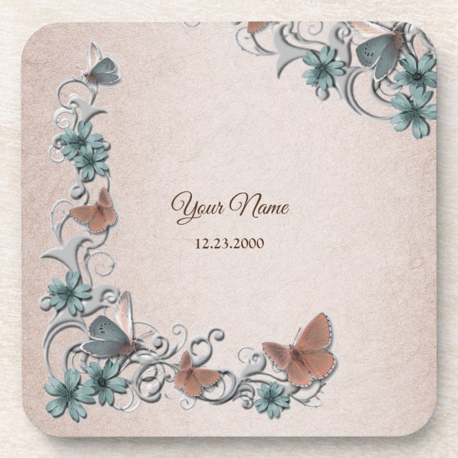 Teal Silver Floral Copper Butterfly Tan Wedding Coaster (Front)