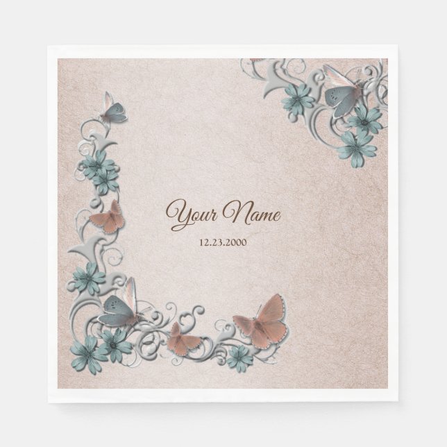 Teal Silver Floral Copper Butterfly Tan Wedding Napkin (Front)