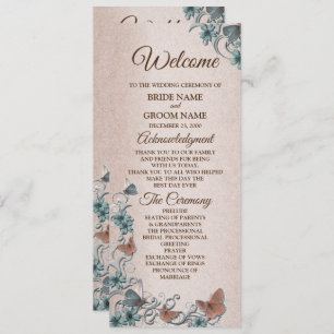 Teal Silver Floral Copper Butterfly Tan Wedding Programme