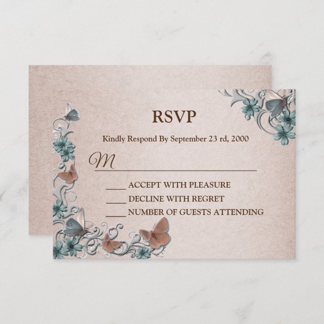 Teal Silver Floral Copper Butterfly Tan Wedding RSVP Card (Front/Back)
