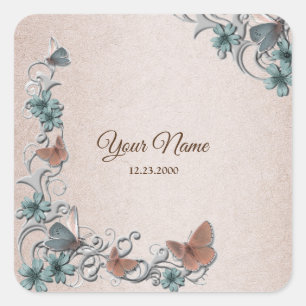 Teal Silver Floral Copper Butterfly Tan Wedding Square Sticker
