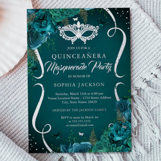 Teal Silver Floral Scroll Masquerade Quinceanera (Creator Uploaded)