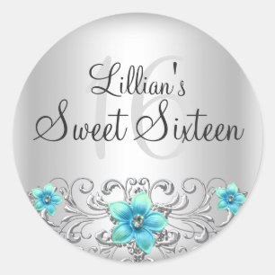 Teal Silver Floral Swirl Sweet 16 Sticker