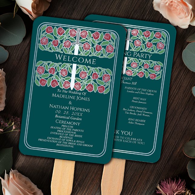 Teal Silver Floral Sword Royal Wedding Program Hand Fan (Creator Uploaded)