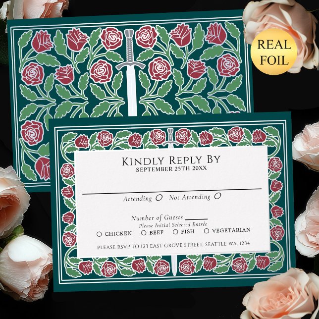 Teal Silver Floral Sword Royal Wedding RSVP (Creator Uploaded)