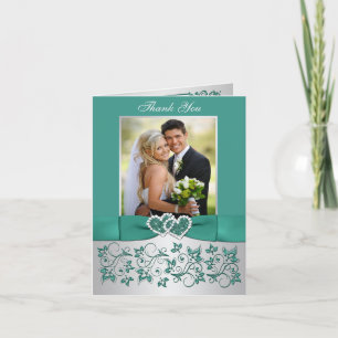 Teal, Silver Floral Wedding Photo Thank You Card