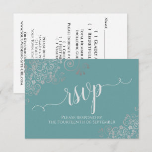 Teal & Silver Frills Elegant Calligraphy Wedding RSVP Card