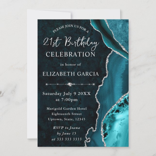 Teal & Silver Glitter Agate and marble Birthday Invitation (Front)