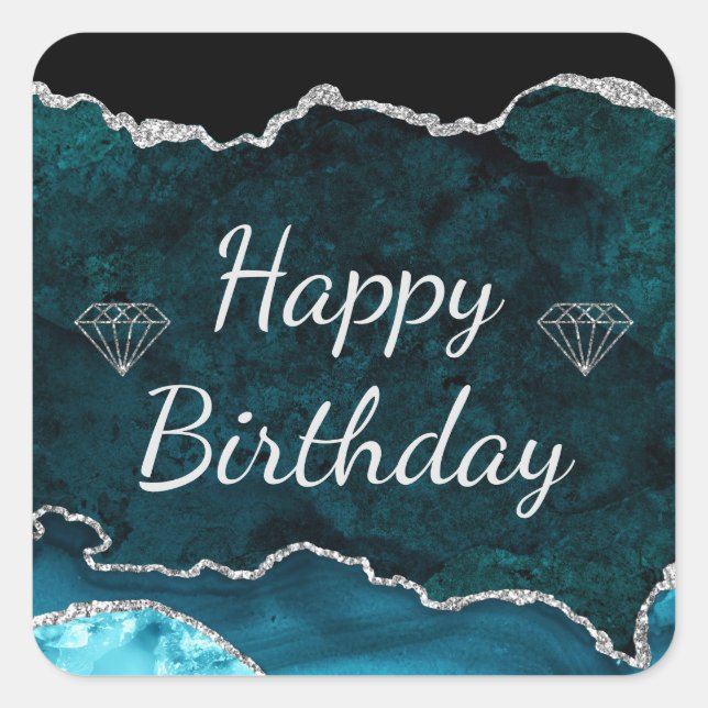 Teal & Silver Glitter Agate Happy Birthday Square Sticker (Front)