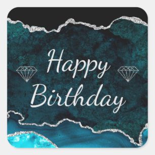 Teal & Silver Glitter Agate Happy Birthday Square Sticker