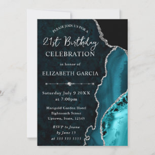 Teal & Silver Glitter Agate marble Birthday Invitation