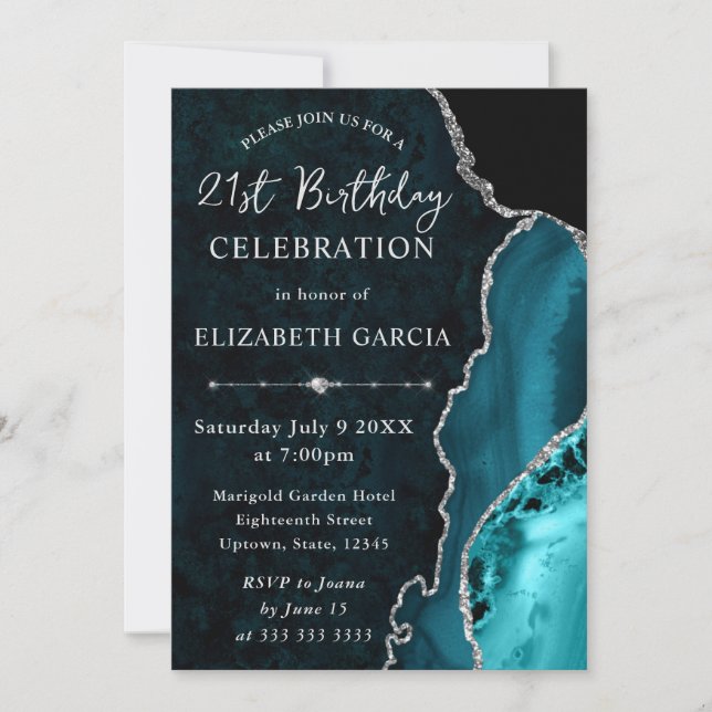 Teal & Silver Glitter Agate marble Birthday Invitation (Front)
