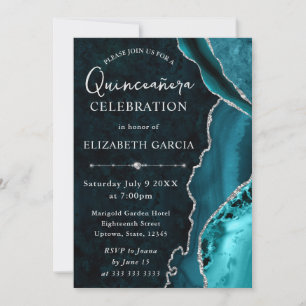Teal & Silver Glitter Agate Quinceanera Invitation