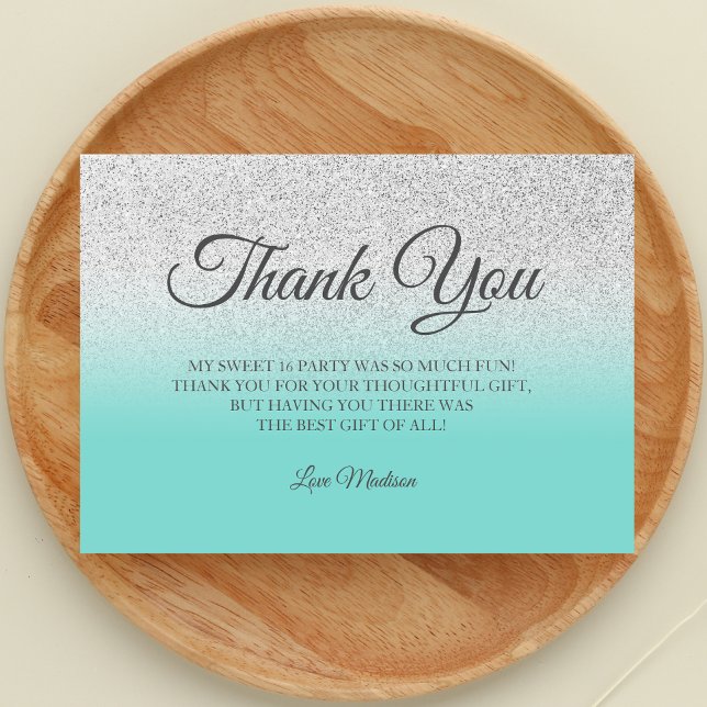 Teal Silver glitter blue green thank you Sweet 16 (Teal Blue Thank You Card)